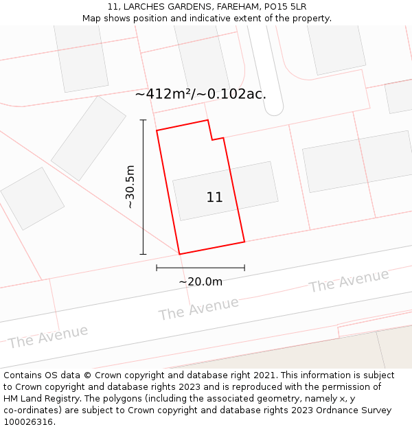 11, LARCHES GARDENS, FAREHAM, PO15 5LR: Plot and title map