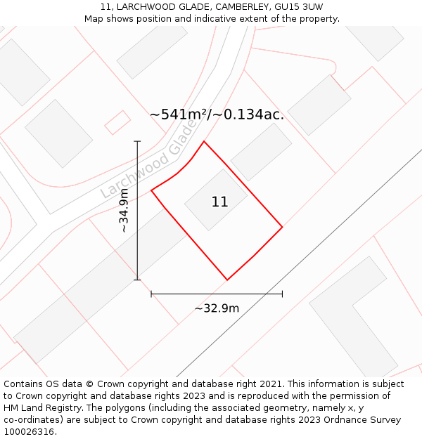 11, LARCHWOOD GLADE, CAMBERLEY, GU15 3UW: Plot and title map