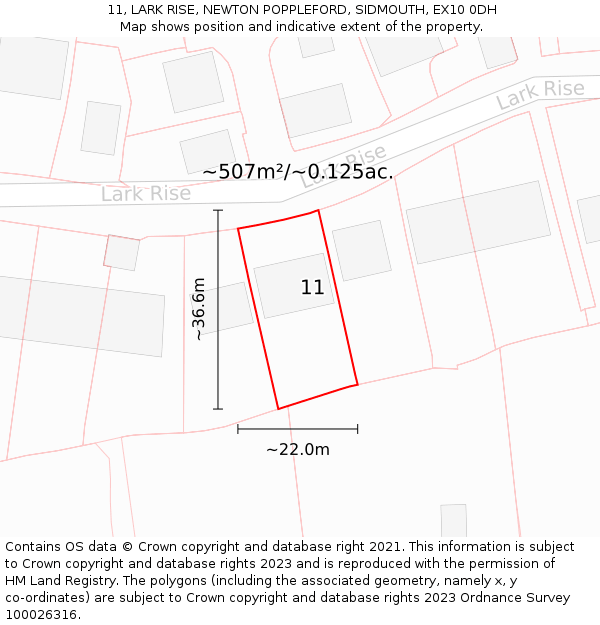 11, LARK RISE, NEWTON POPPLEFORD, SIDMOUTH, EX10 0DH: Plot and title map