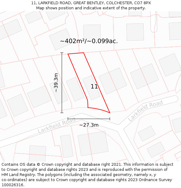 11, LARKFIELD ROAD, GREAT BENTLEY, COLCHESTER, CO7 8PX: Plot and title map