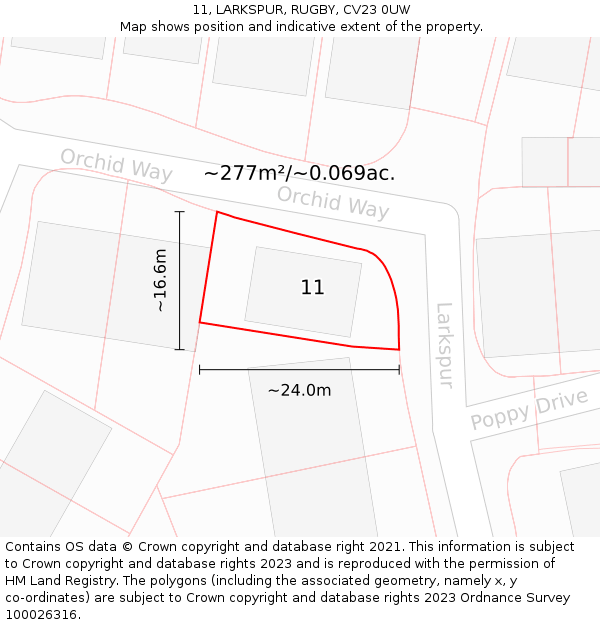 11, LARKSPUR, RUGBY, CV23 0UW: Plot and title map