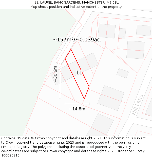 11, LAUREL BANK GARDENS, MANCHESTER, M9 6BL: Plot and title map