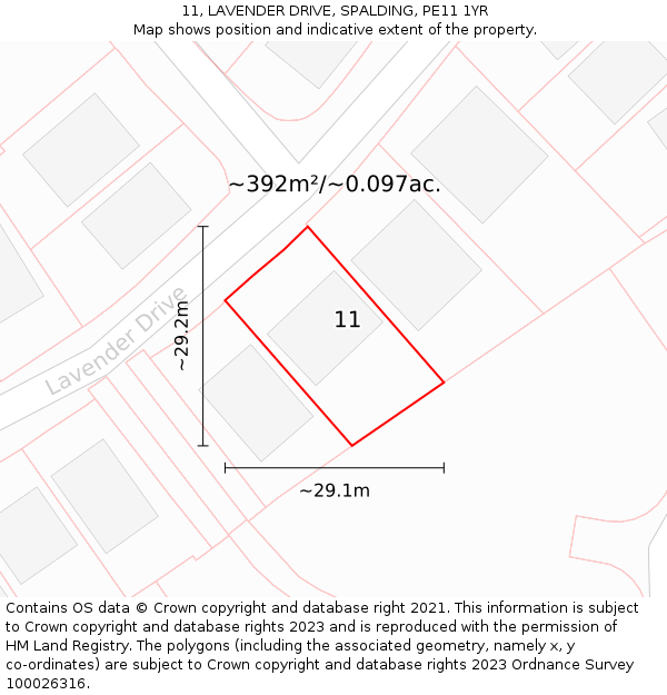 11, LAVENDER DRIVE, SPALDING, PE11 1YR: Plot and title map