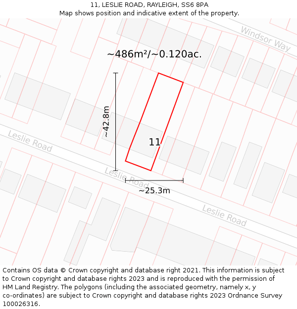 11, LESLIE ROAD, RAYLEIGH, SS6 8PA: Plot and title map