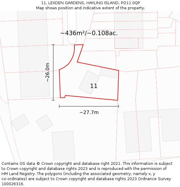 11, LEXDEN GARDENS, HAYLING ISLAND, PO11 0QP: Plot and title map