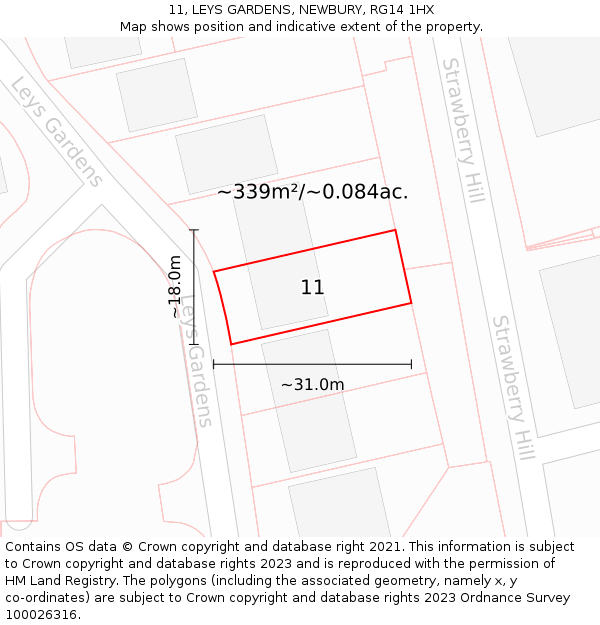 11, LEYS GARDENS, NEWBURY, RG14 1HX: Plot and title map