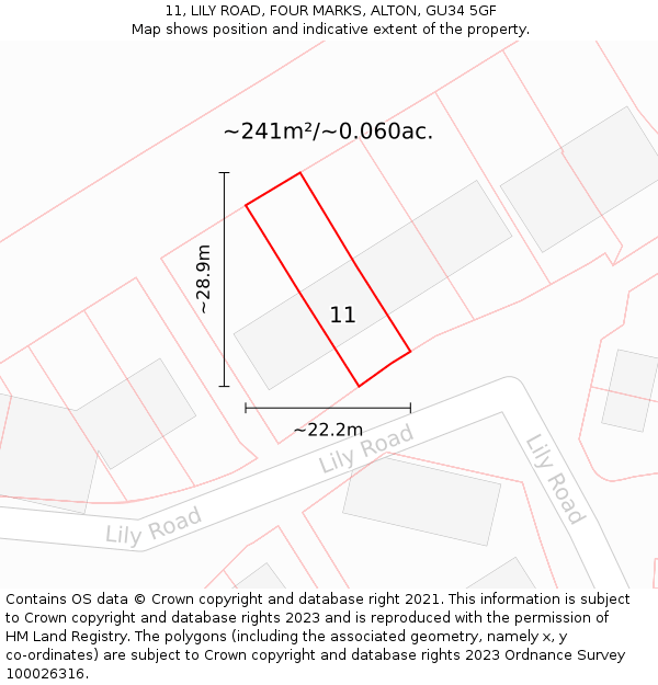 11, LILY ROAD, FOUR MARKS, ALTON, GU34 5GF: Plot and title map