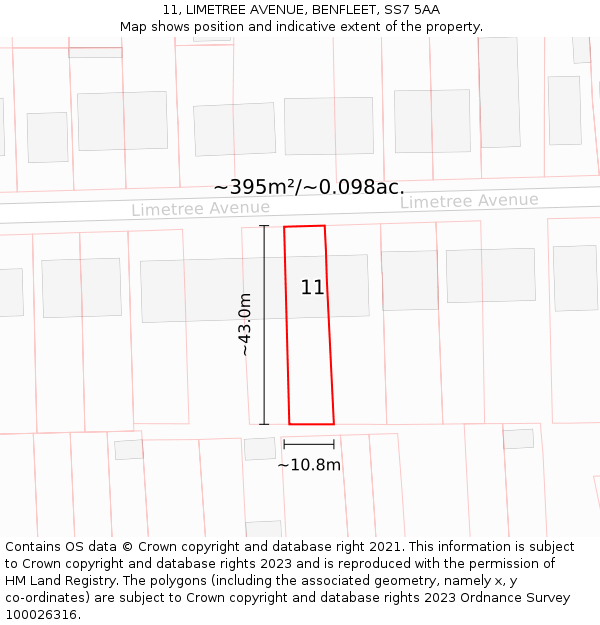 11, LIMETREE AVENUE, BENFLEET, SS7 5AA: Plot and title map