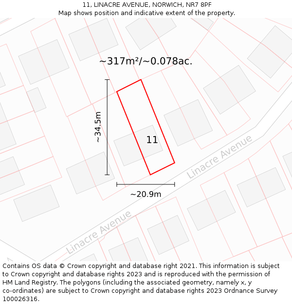 11, LINACRE AVENUE, NORWICH, NR7 8PF: Plot and title map