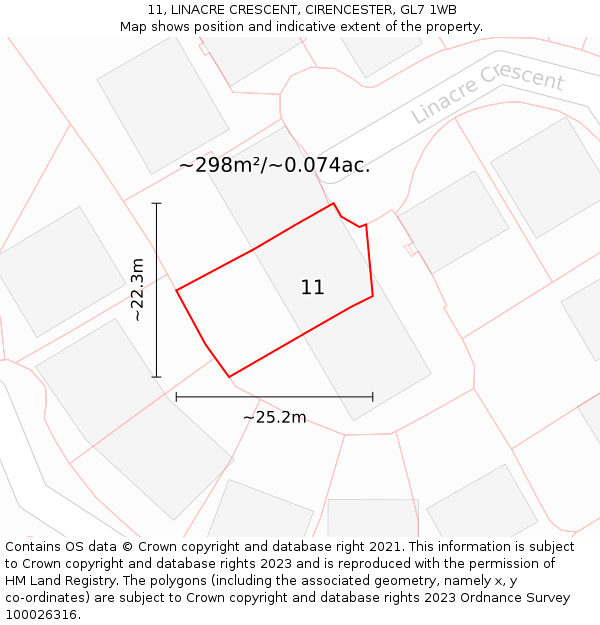 11, LINACRE CRESCENT, CIRENCESTER, GL7 1WB: Plot and title map