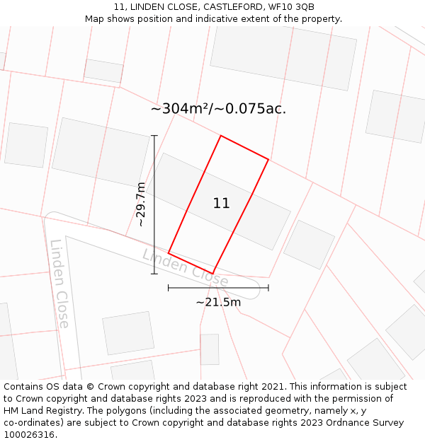 11, LINDEN CLOSE, CASTLEFORD, WF10 3QB: Plot and title map