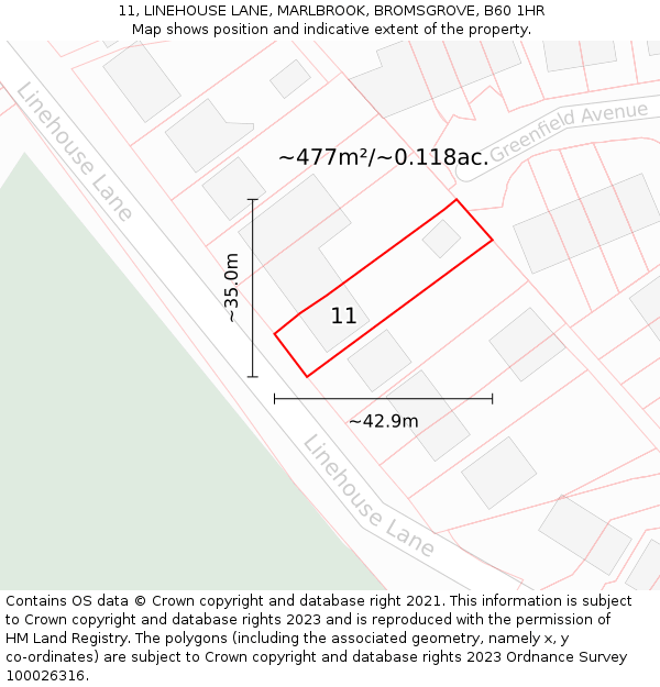 11, LINEHOUSE LANE, MARLBROOK, BROMSGROVE, B60 1HR: Plot and title map