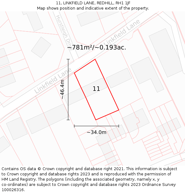 11, LINKFIELD LANE, REDHILL, RH1 1JF: Plot and title map
