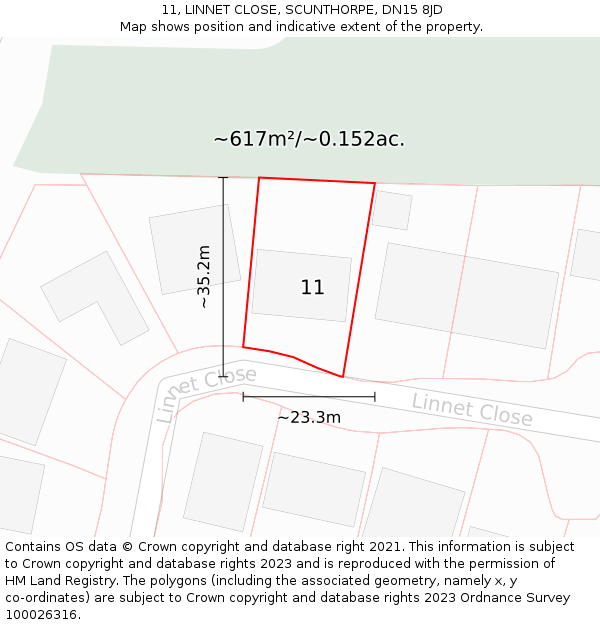 11, LINNET CLOSE, SCUNTHORPE, DN15 8JD: Plot and title map