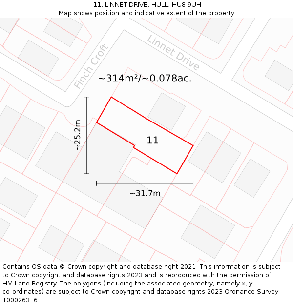 11, LINNET DRIVE, HULL, HU8 9UH: Plot and title map