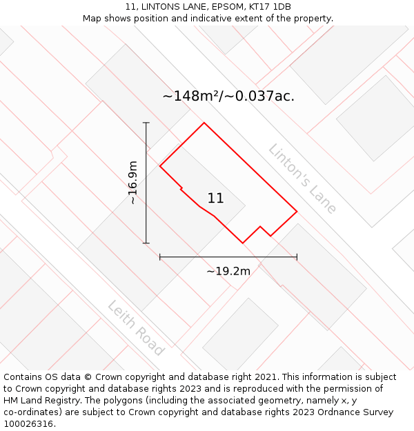 11, LINTONS LANE, EPSOM, KT17 1DB: Plot and title map