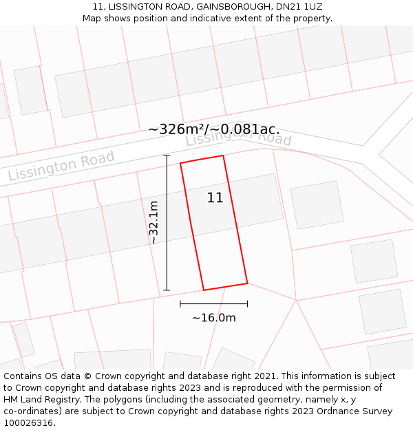 11, LISSINGTON ROAD, GAINSBOROUGH, DN21 1UZ: Plot and title map