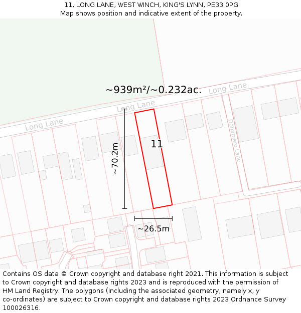 11, LONG LANE, WEST WINCH, KING'S LYNN, PE33 0PG: Plot and title map