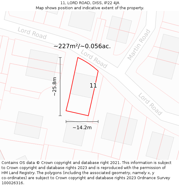 11, LORD ROAD, DISS, IP22 4JA: Plot and title map