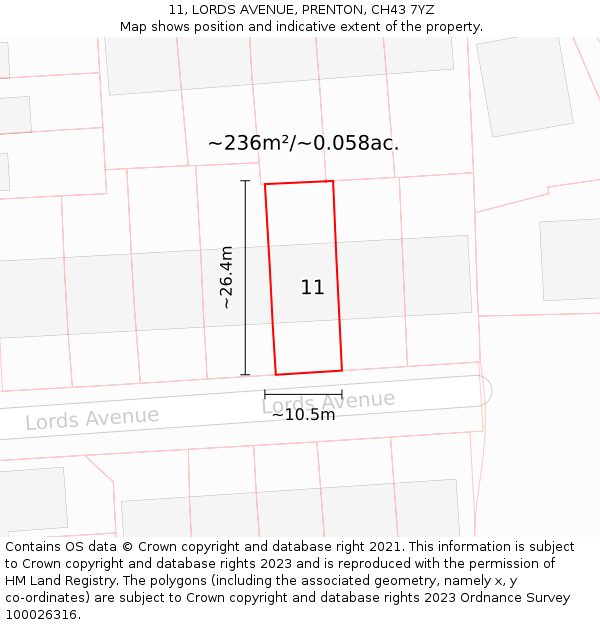 11, LORDS AVENUE, PRENTON, CH43 7YZ: Plot and title map