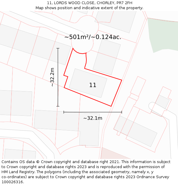 11, LORDS WOOD CLOSE, CHORLEY, PR7 2FH: Plot and title map