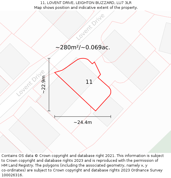 11, LOVENT DRIVE, LEIGHTON BUZZARD, LU7 3LR: Plot and title map