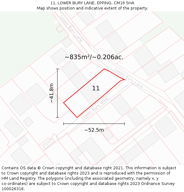 11, LOWER BURY LANE, EPPING, CM16 5HA: Plot and title map