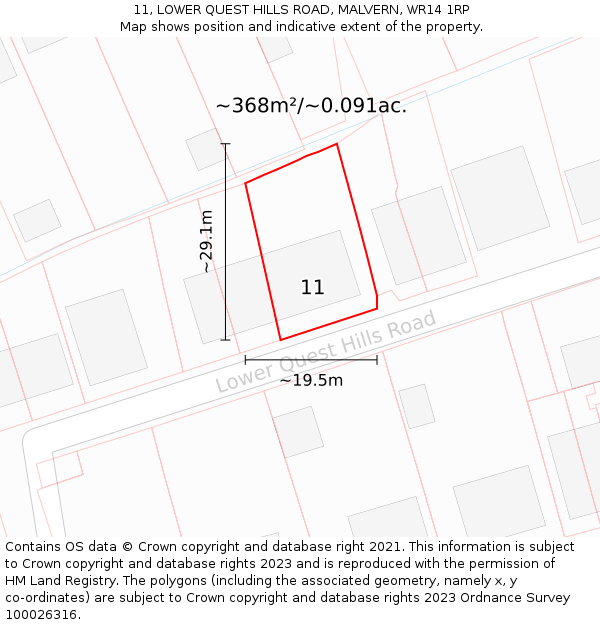 11, LOWER QUEST HILLS ROAD, MALVERN, WR14 1RP: Plot and title map