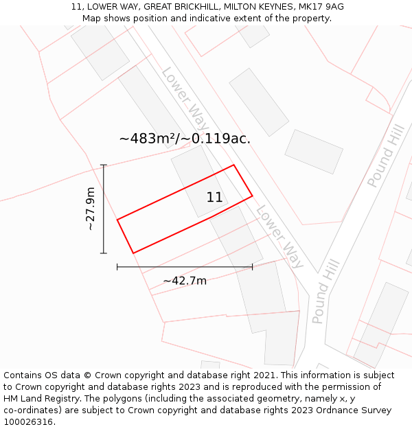 11, LOWER WAY, GREAT BRICKHILL, MILTON KEYNES, MK17 9AG: Plot and title map