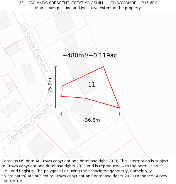 11, LOWLANDS CRESCENT, GREAT KINGSHILL, HIGH WYCOMBE, HP15 6EG: Plot and title map