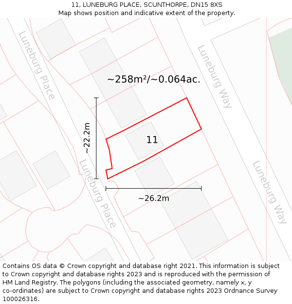 11, LUNEBURG PLACE, SCUNTHORPE, DN15 8XS: Plot and title map