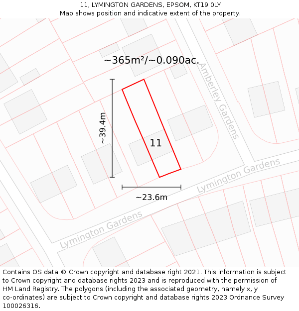 11, LYMINGTON GARDENS, EPSOM, KT19 0LY: Plot and title map