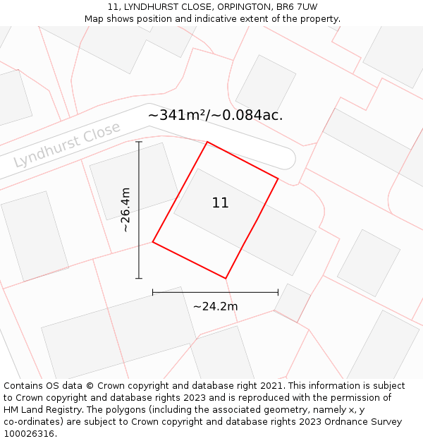 11, LYNDHURST CLOSE, ORPINGTON, BR6 7UW: Plot and title map