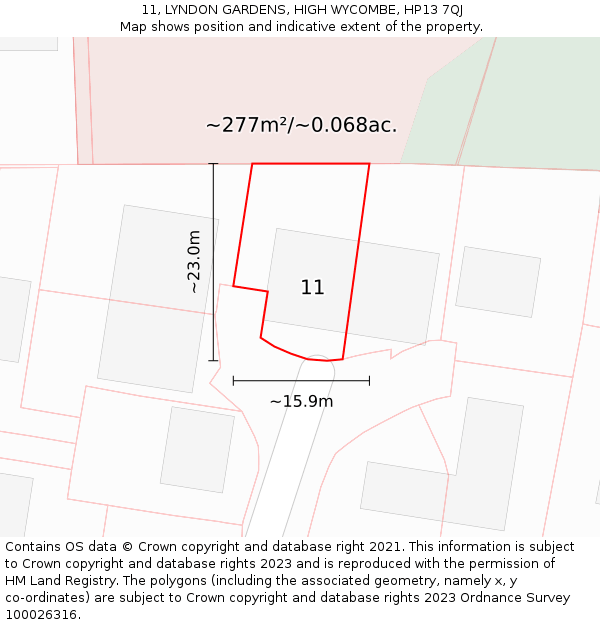 11, LYNDON GARDENS, HIGH WYCOMBE, HP13 7QJ: Plot and title map