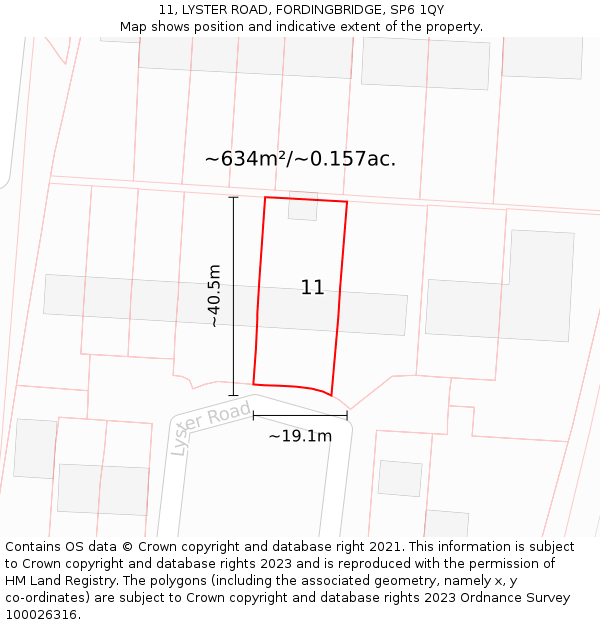 11, LYSTER ROAD, FORDINGBRIDGE, SP6 1QY: Plot and title map