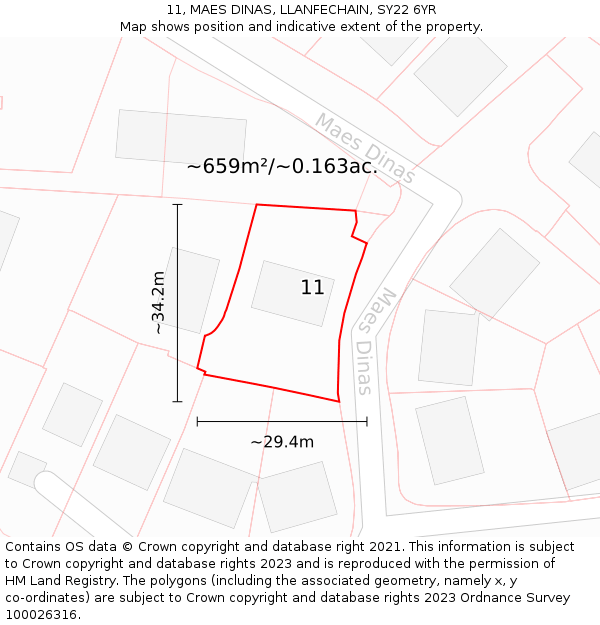 11, MAES DINAS, LLANFECHAIN, SY22 6YR: Plot and title map