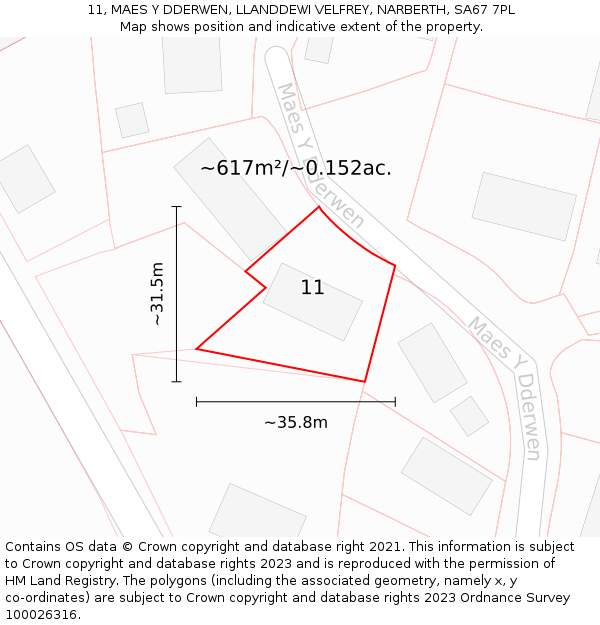 11, MAES Y DDERWEN, LLANDDEWI VELFREY, NARBERTH, SA67 7PL: Plot and title map