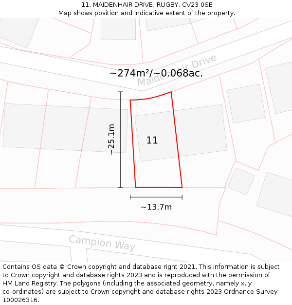 11, MAIDENHAIR DRIVE, RUGBY, CV23 0SE: Plot and title map