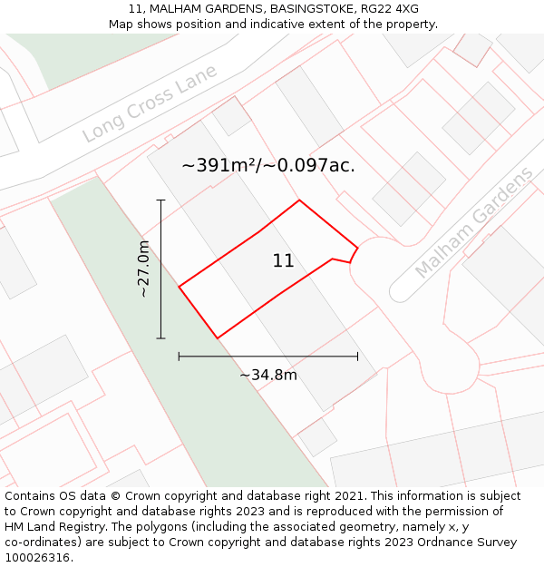 11, MALHAM GARDENS, BASINGSTOKE, RG22 4XG: Plot and title map