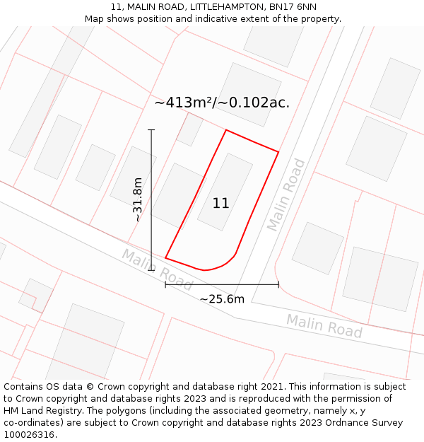 11, MALIN ROAD, LITTLEHAMPTON, BN17 6NN: Plot and title map