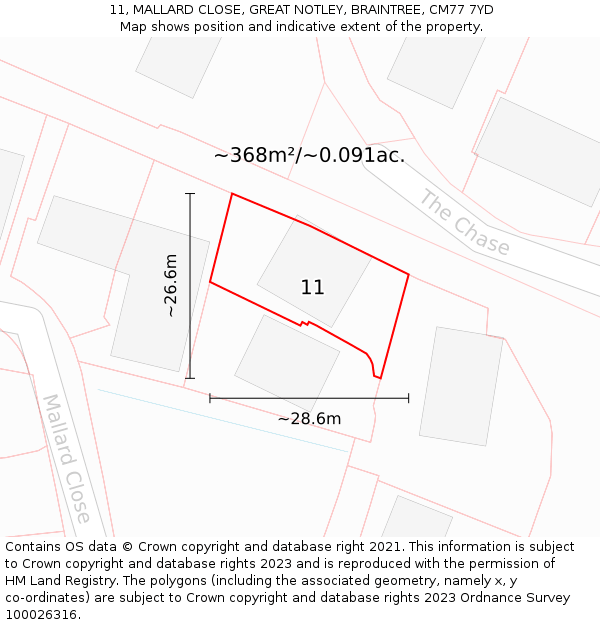 11, MALLARD CLOSE, GREAT NOTLEY, BRAINTREE, CM77 7YD: Plot and title map