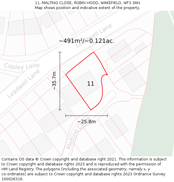 11, MALTING CLOSE, ROBIN HOOD, WAKEFIELD, WF3 3AN: Plot and title map