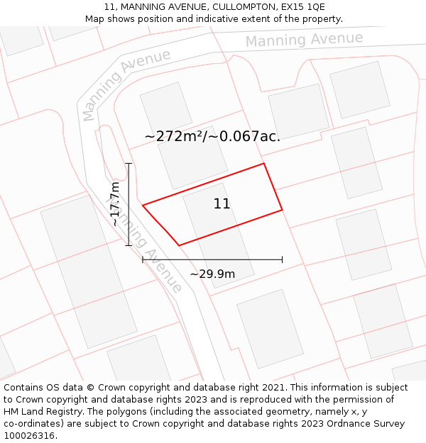 11, MANNING AVENUE, CULLOMPTON, EX15 1QE: Plot and title map