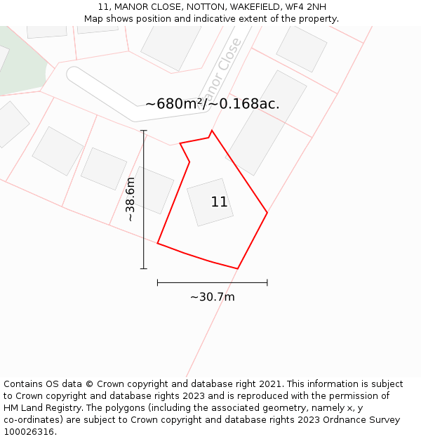 11, MANOR CLOSE, NOTTON, WAKEFIELD, WF4 2NH: Plot and title map