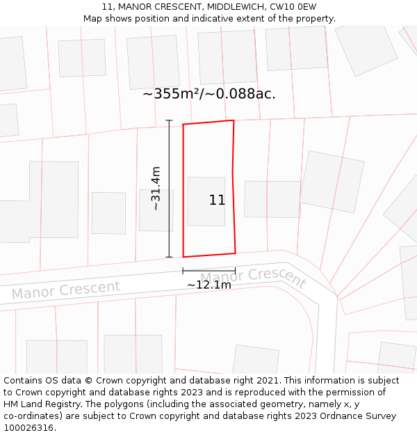 11, MANOR CRESCENT, MIDDLEWICH, CW10 0EW: Plot and title map