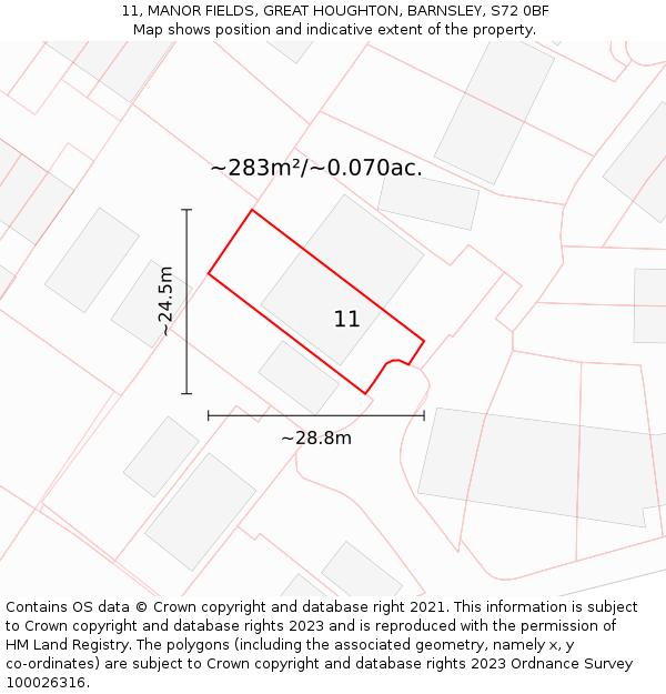 11, MANOR FIELDS, GREAT HOUGHTON, BARNSLEY, S72 0BF: Plot and title map