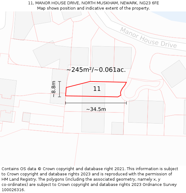 11, MANOR HOUSE DRIVE, NORTH MUSKHAM, NEWARK, NG23 6FE: Plot and title map