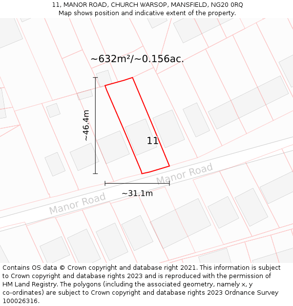 11, MANOR ROAD, CHURCH WARSOP, MANSFIELD, NG20 0RQ: Plot and title map