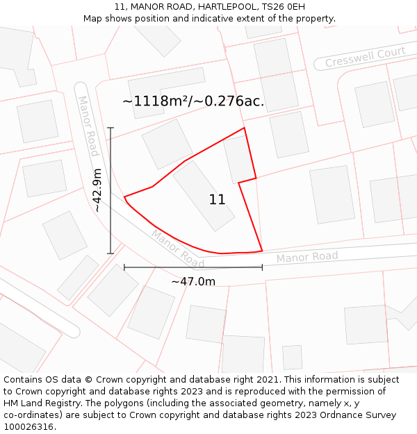 11, MANOR ROAD, HARTLEPOOL, TS26 0EH: Plot and title map