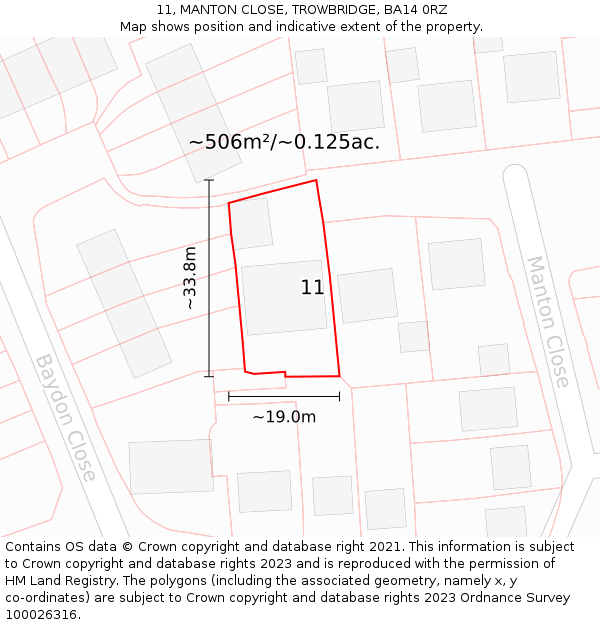 11, MANTON CLOSE, TROWBRIDGE, BA14 0RZ: Plot and title map